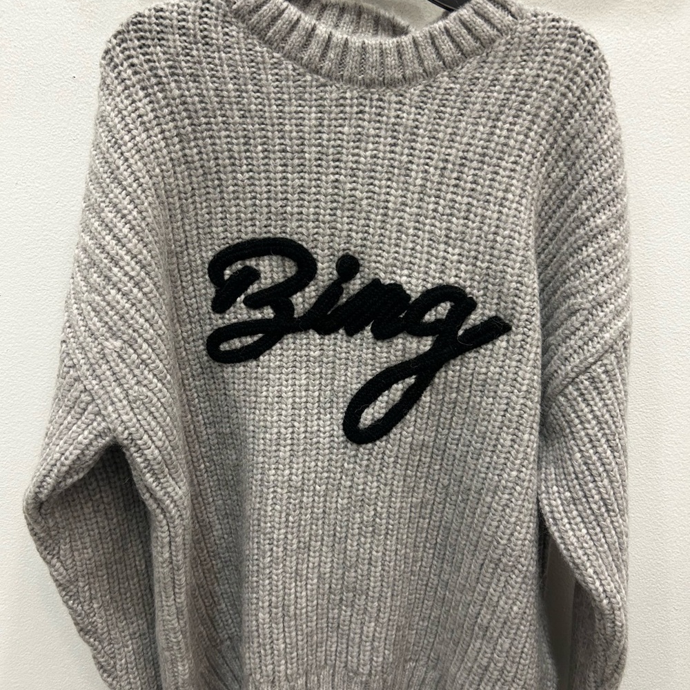 Anine Bing Gray Knit Sweater with Black Script